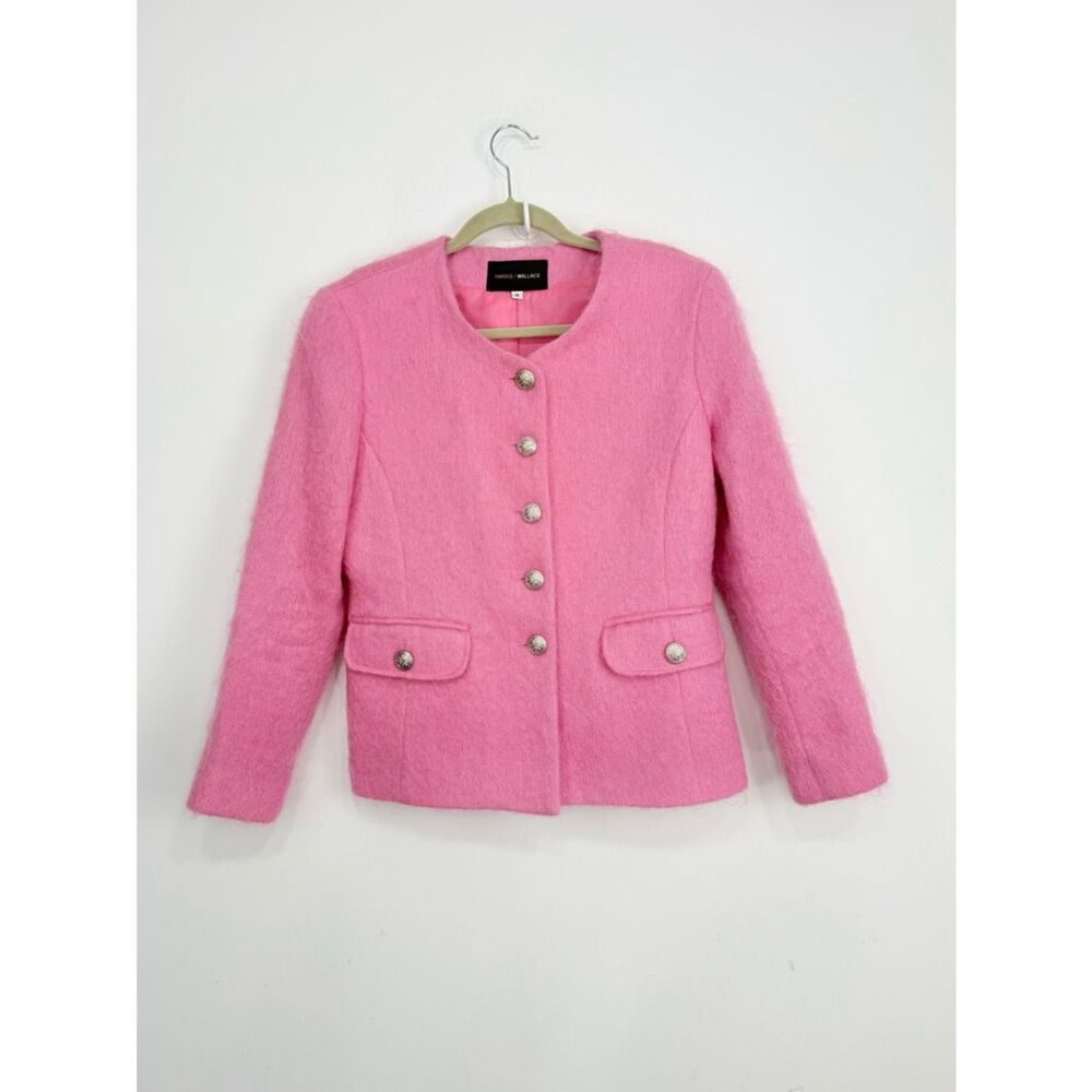 Harris Wallace Pink Fuzzy Mohair Silver Embossed Button Vintage Blazer Jacket